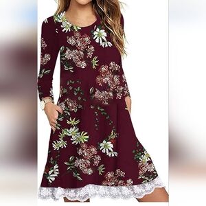 Women's Burgundy Floral Long Sleeve A-line T-shirt Dress w/ Lace Hem- XXL